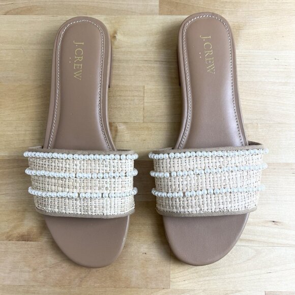 J. Crew Factory Pearl Slide Sandals Woven‎ Raffia Slip On Flat BN877 Size 7 - Picture 1 of 7